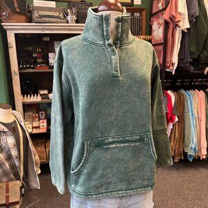 NWT Boutique Fleece Washed High Neck Kangaroo Pocket Pullover - Dark Green